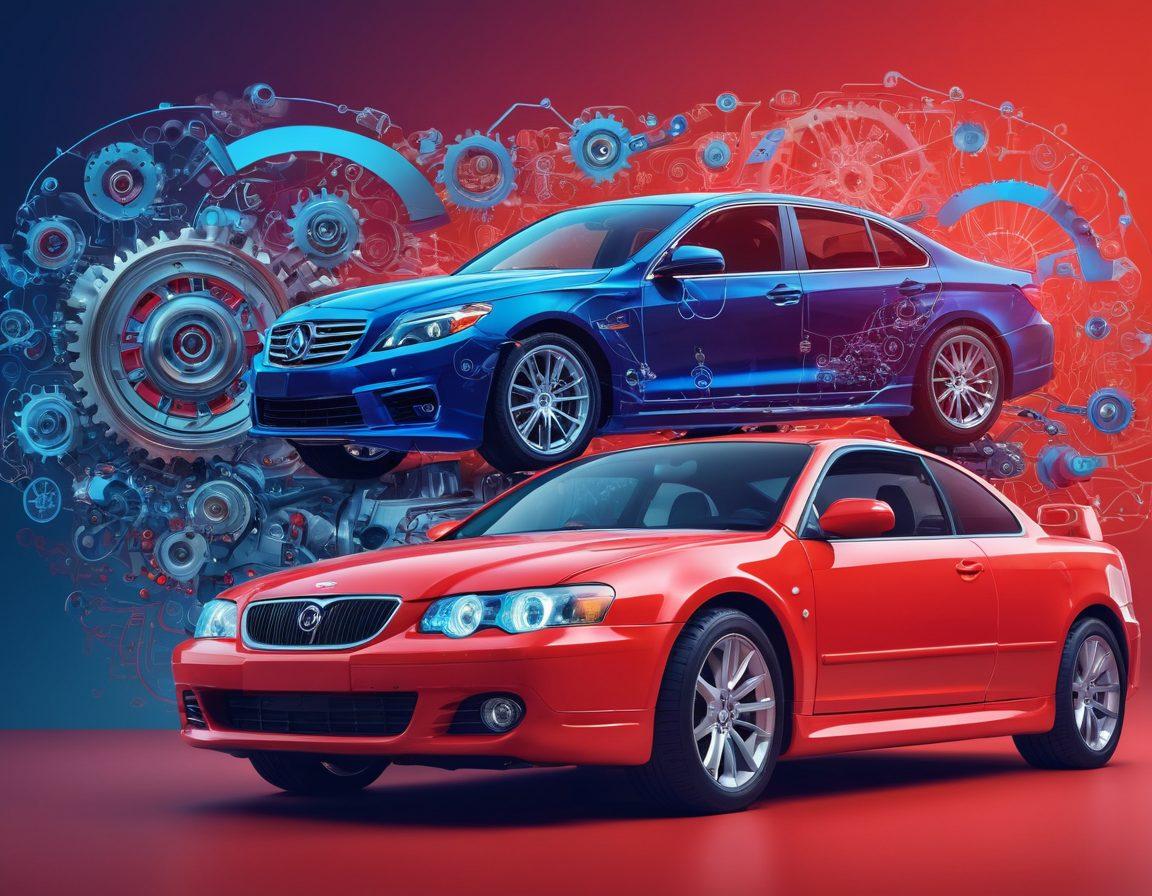 A collage depicting a mechanic working on a car with visible heartbeats emanating from the engine, symbolizing connection and communication. In the background, a conversation bubble appears, illustrating dialogue between a mechanic and a car owner with animated gears and circuits. The color scheme should include vibrant reds and blues to convey warmth and technology. Super-realistic. Vibrant colors. Light gradient background.