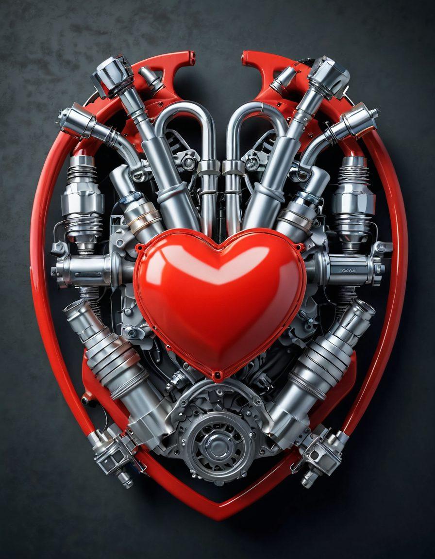 A heart-shaped engine block with intertwined automotive tools and spark plugs, symbolizing the fusion of love and passion for cars. Surrounding the heart are illustrations of couples communicating with car-themed dialogues and symbols, set against a backdrop of vibrant road scenes and racing stripes. The overall color scheme should evoke excitement and affection, highlighting the connection between automotive love and relationships. super-realistic. vibrant colors. dynamic composition.