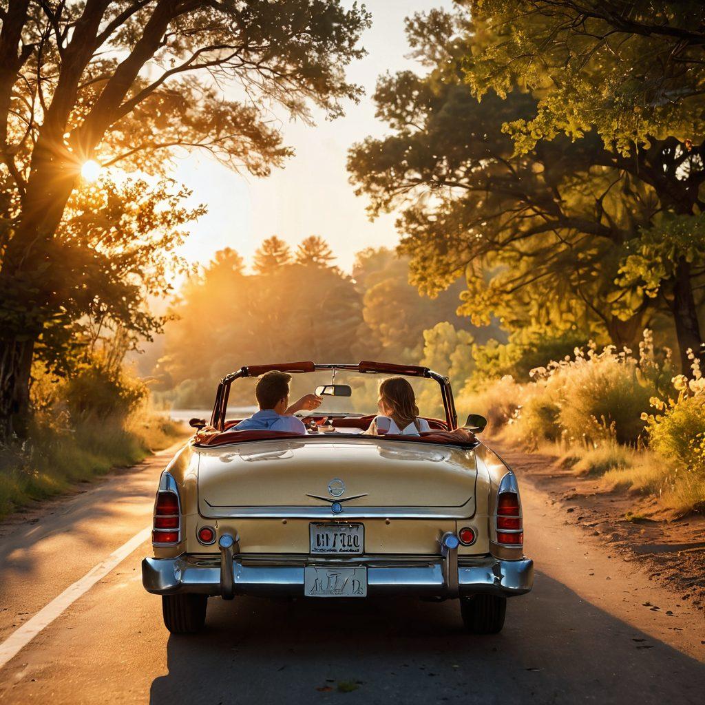 An intimate scene of a couple in a vintage car, sharing a romantic moment while driving through a scenic landscape at sunset. The car should have a classic design, and the couple should be smiling, radiating love and connection. Incorporate elements like a winding road, blooming flowers by the roadside, and soft golden light filtering through the trees. Capture the warmth and passion of the moment. super-realistic. vibrant colors. sunset backdrop.